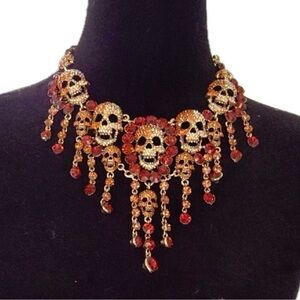 Natasha skull  Statement rhinestone Necklace with Red and Gold Accents